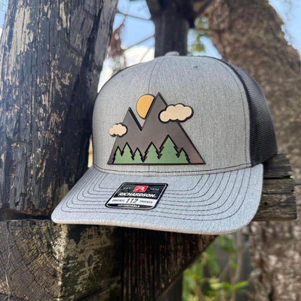 3D Mountain Hat, Leather Patch Richardson 112 Trucker Cap, Outdoors Trucker Hat, Hiking Gift for Men - Patch Palooza