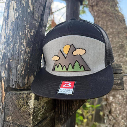 3D Mountain Hat, Leather Patch Richardson 168 Flat Bill Snapback, Hiking Gift for Men, Outdoors Trucker Hat - Patch Palooza