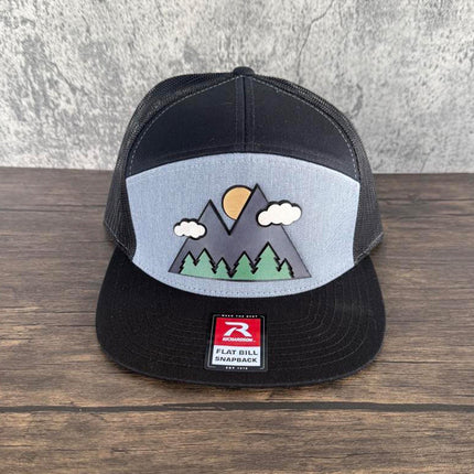 3D Mountain Hat, Leather Patch Richardson 168 Flat Bill Snapback, Hiking Gift for Men, Outdoors Trucker Hat - Patch Palooza