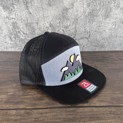 3D Mountain Hat, Leather Patch Richardson 168 Flat Bill Snapback, Hiking Gift for Men, Outdoors Trucker Hat - Patch Palooza