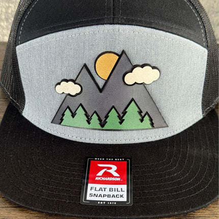 3D Mountain Hat, Leather Patch Richardson 168 Flat Bill Snapback, Hiking Gift for Men, Outdoors Trucker Hat - Patch Palooza