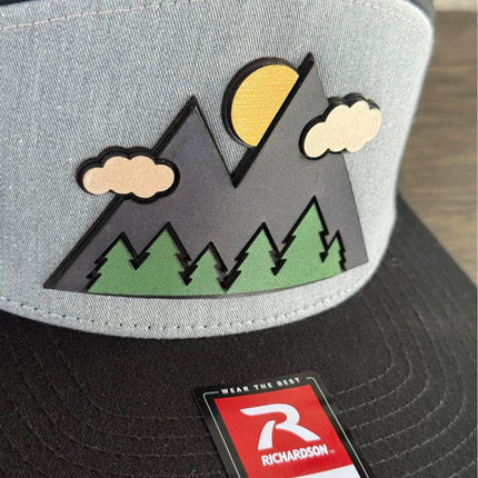 3D Mountain Hat, Leather Patch Richardson 168 Flat Bill Snapback, Hiking Gift for Men, Outdoors Trucker Hat - Patch Palooza