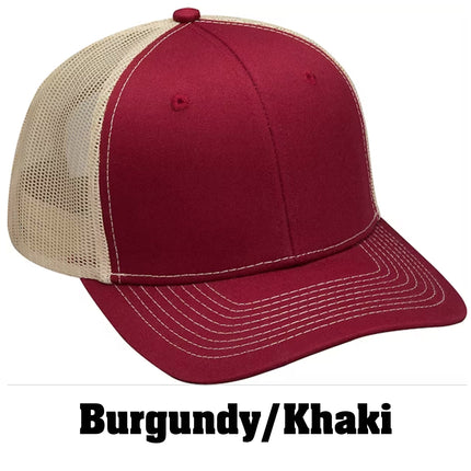 Value Leather Patch Hat – Adams PV112 Trucker Cap with Engraved Logo (Vegan or Genuine Leather)