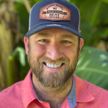 Value Leather Patch Hat – Adams PV112 Trucker Cap with Engraved Logo (Vegan or Genuine Leather)