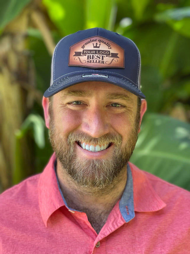 Value Leather Patch Hat – Adams PV112 Trucker Cap with Engraved Logo (Vegan or Genuine Leather)