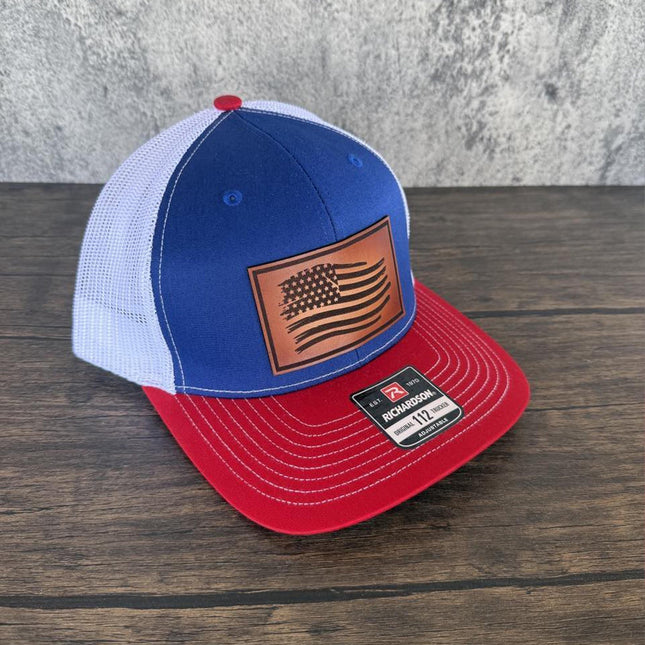 American Flag Hat, Distressed Flag Leather Patch, Richardson 112 Trucker Cap, Patriotic Hat for Men, USA Trucker Hat - Patch Palooza