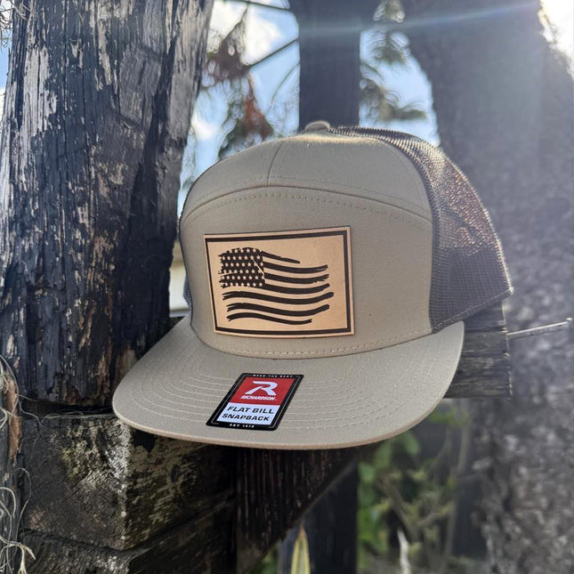 American Flag Hat, Distressed Flag Leather Patch, Richardson 168 Flat Bill Snapback, Patriotic Hat for Men, USA Trucker Hat - Patch Palooza