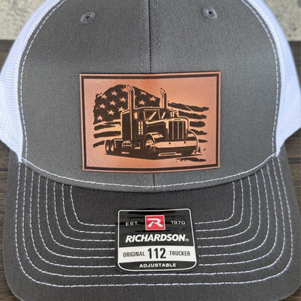 American Trucker Hat, Leather Patch Hat, Richardson 112 Cap for Truck Drivers, Patriotic Hat, Gift for Truckers - Patch Palooza