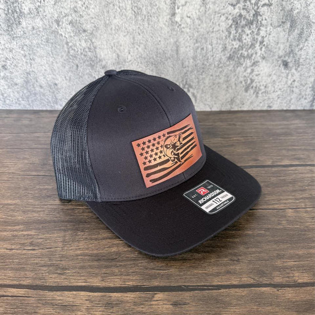Bass Flag Hat, Leather Patch Fishing Hat, Richardson 112 Trucker Cap, Patriotic Fisherman Gift, USA Bass Hat - Patch Palooza