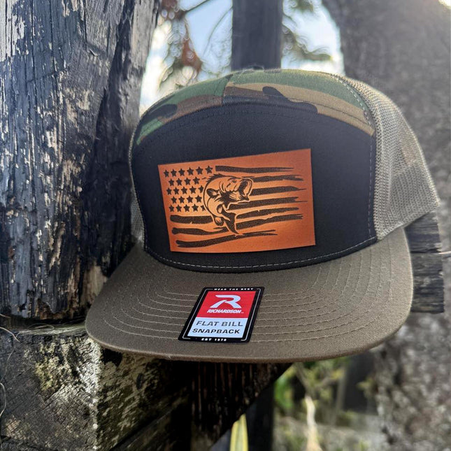 Bass Flag Hat, Leather Patch Fishing Hat, Richardson 168 Flat Bill Snapback, Patriotic Fisherman Gift, USA Bass Hat - Patch Palooza