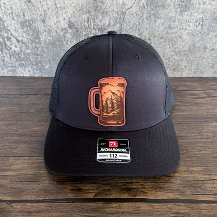 Beer Mug Mountain Patch Hat – Richardson 112 Trucker Cap – Leather Patch Beer & Outdoors Hat - Patch Palooza