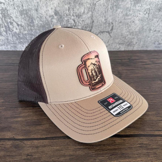 Beer Mug Mountain Patch Hat – Richardson 112 Trucker Cap – Leather Patch Beer & Outdoors Hat - Patch Palooza