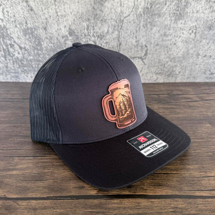Beer Mug Mountain Patch Hat – Richardson 112 Trucker Cap – Leather Patch Beer & Outdoors Hat - Patch Palooza
