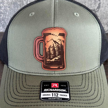 Beer Mug Mountain Patch Hat – Richardson 112 Trucker Cap – Leather Patch Beer & Outdoors Hat - Patch Palooza