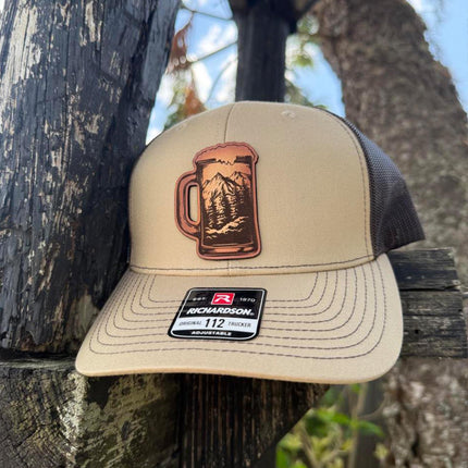 Beer Mug Mountain Patch Hat – Richardson 112 Trucker Cap – Leather Patch Beer & Outdoors Hat - Patch Palooza