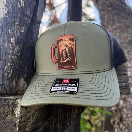 Beer Mug Mountain Patch Hat – Richardson 112 Trucker Cap – Leather Patch Beer & Outdoors Hat - Patch Palooza