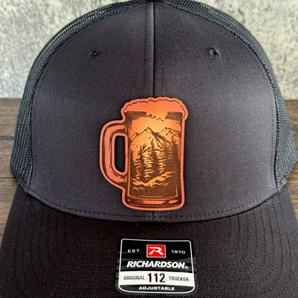 Beer Mug Mountain Patch Hat – Richardson 112 Trucker Cap – Leather Patch Beer & Outdoors Hat - Patch Palooza
