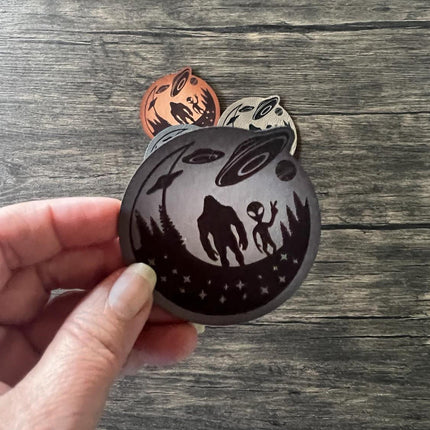 Bigfoot & Aliens Unite Leather Patch - Choose Your Color - patchpalooza