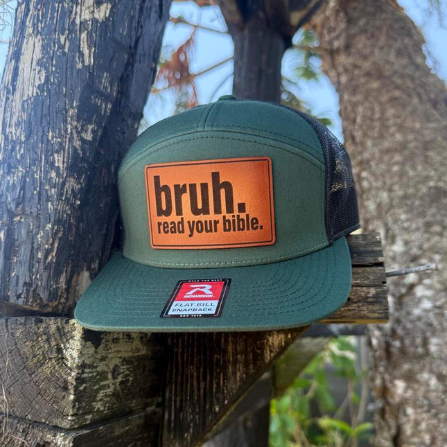 Bruh Read Your Bible Hat – Richardson 168 Snapback – Leather Patch Christian Flat Bill Hat - Patch Palooza