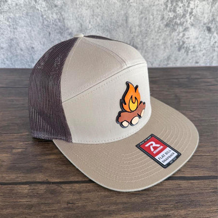 Campfire Hat, 3D Patch Richardson 168 Flat Bill Snapback, Camping Gift for Men, Outdoor Adventure Hat - Patch Palooza