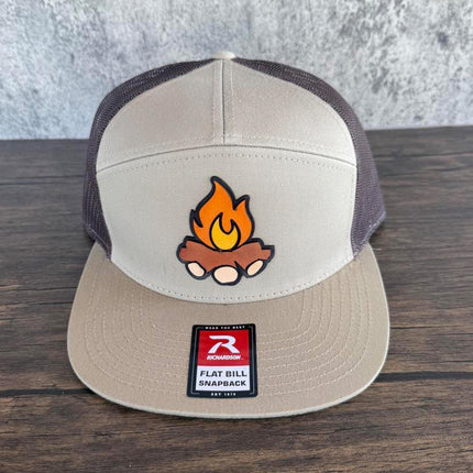Campfire Hat, 3D Patch Richardson 168 Flat Bill Snapback, Camping Gift for Men, Outdoor Adventure Hat - Patch Palooza