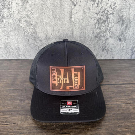 Dad Leather Patch Hat, The Man, The Myth, The Legend, Richardson 112 Trucker Cap for Men - Patch Palooza