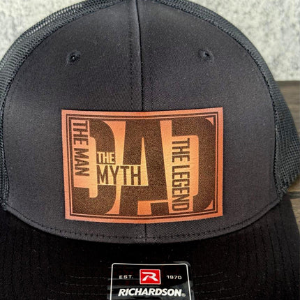 Dad Leather Patch Hat, The Man, The Myth, The Legend, Richardson 112 Trucker Cap for Men - Patch Palooza