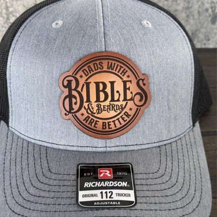 Dads with Bibles and Beards Hat, Leather Patch Dad Hat, Richardson 112 Trucker Cap, Christian Father's Day Gift, Beard Dad Hat - Patch Palooza