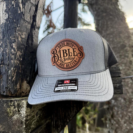 Dads with Bibles and Beards Hat, Leather Patch Dad Hat, Richardson 112 Trucker Cap, Christian Father's Day Gift, Beard Dad Hat - Patch Palooza