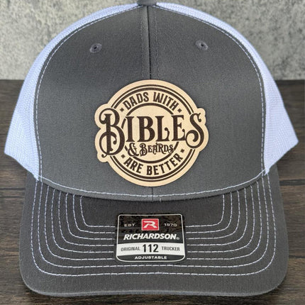 Dads with Bibles and Beards Hat, Leather Patch Dad Hat, Richardson 112 Trucker Cap, Christian Father's Day Gift, Beard Dad Hat - Patch Palooza