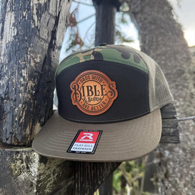 Dads with Bibles and Beards Hat, Leather Patch Dad Hat, Richardson 168 Flat Bill Snapback, Christian Dad Gift, Beard Hat for Men - Patch Palooza