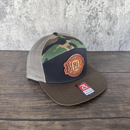 Dads with Bibles and Beards Hat, Leather Patch Dad Hat, Richardson 168 Flat Bill Snapback, Christian Dad Gift, Beard Hat for Men - Patch Palooza