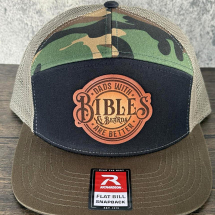 Dads with Bibles and Beards Hat, Leather Patch Dad Hat, Richardson 168 Flat Bill Snapback, Christian Dad Gift, Beard Hat for Men - Patch Palooza