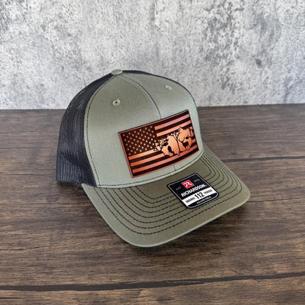 Deer Flag Hat, Leather Patch Hunting Hat, Richardson 112 Trucker Cap, Patriotic Outdoorsman Gift, USA Deer Hat - Patch Palooza