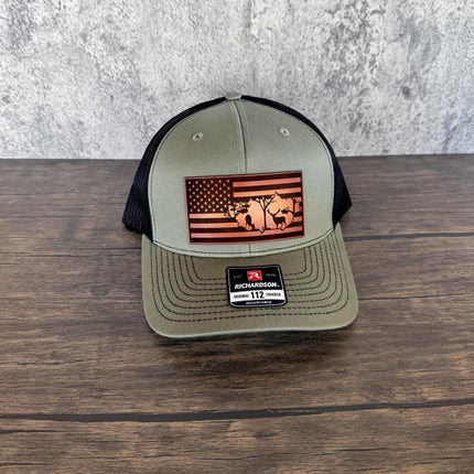 Deer Flag Hat, Leather Patch Hunting Hat, Richardson 112 Trucker Cap, Patriotic Outdoorsman Gift, USA Deer Hat - Patch Palooza