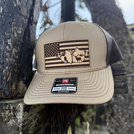 Deer Flag Hat, Leather Patch Hunting Hat, Richardson 112 Trucker Cap, Patriotic Outdoorsman Gift, USA Deer Hat - Patch Palooza