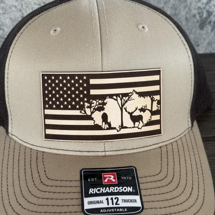 Deer Flag Hat, Leather Patch Hunting Hat, Richardson 112 Trucker Cap, Patriotic Outdoorsman Gift, USA Deer Hat - Patch Palooza
