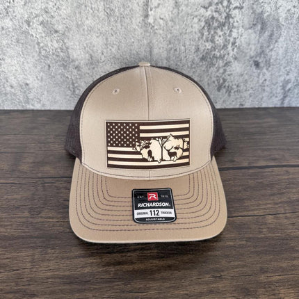 Deer Flag Hat, Leather Patch Hunting Hat, Richardson 112 Trucker Cap, Patriotic Outdoorsman Gift, USA Deer Hat - Patch Palooza
