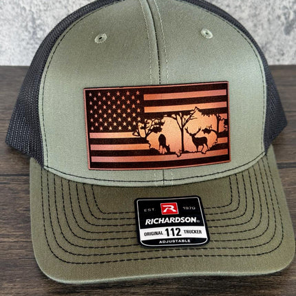 Deer Flag Hat, Leather Patch Hunting Hat, Richardson 112 Trucker Cap, Patriotic Outdoorsman Gift, USA Deer Hat - Patch Palooza