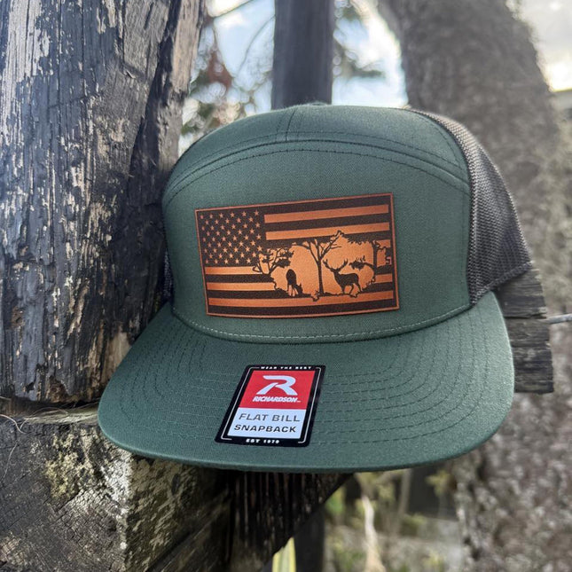 Deer Flag Hat, Leather Patch Hunting Hat, Richardson 168 Flat Bill Snapback, Patriotic Outdoorsman Gift, USA Deer Hat - Patch Palooza