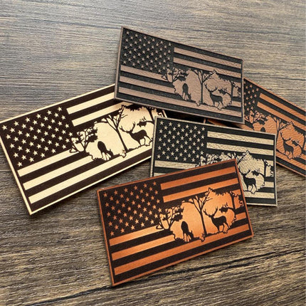 Deer Flag Patch, Leather Patch with Woodland Scene, Patriotic Hunting Patch for Hats Bags Jackets, Outdoorsman Gift - Patch Palooza