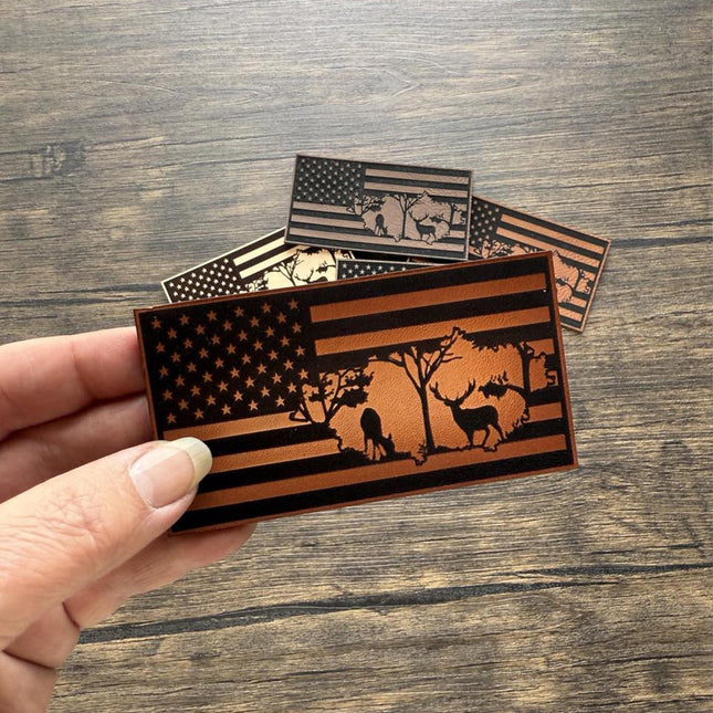 Deer Flag Patch, Leather Patch with Woodland Scene, Patriotic Hunting Patch for Hats Bags Jackets, Outdoorsman Gift - Patch Palooza