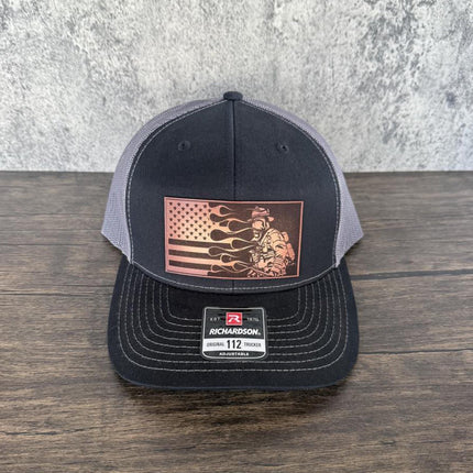 Firefighter Flag Hat, Leather Patch Hat, Richardson 112 Trucker Cap, Fireman Gift, Patriotic Hat with Flames and Flag - Patch Palooza