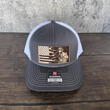 Firefighter Flag Hat, Leather Patch Hat, Richardson 112 Trucker Cap, Fireman Gift, Patriotic Hat with Flames and Flag - Patch Palooza