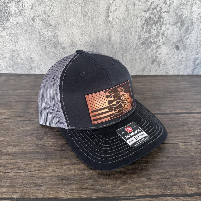 Firefighter Flag Hat, Leather Patch Hat, Richardson 112 Trucker Cap, Fireman Gift, Patriotic Hat with Flames and Flag - Patch Palooza