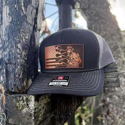 Firefighter Flag Hat, Leather Patch Hat, Richardson 112 Trucker Cap, Fireman Gift, Patriotic Hat with Flames and Flag - Patch Palooza