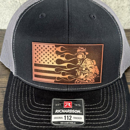 Firefighter Flag Hat, Leather Patch Hat, Richardson 112 Trucker Cap, Fireman Gift, Patriotic Hat with Flames and Flag - Patch Palooza