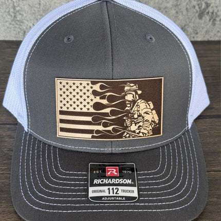 Firefighter Flag Hat, Leather Patch Hat, Richardson 112 Trucker Cap, Fireman Gift, Patriotic Hat with Flames and Flag - Patch Palooza