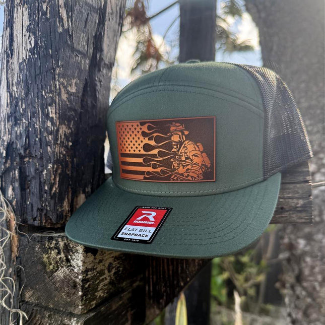 Firefighter Flag Hat, Leather Patch Hat, Richardson 168 Flat Bill Snapback, Fireman Gift, Patriotic Trucker Hat - Patch Palooza