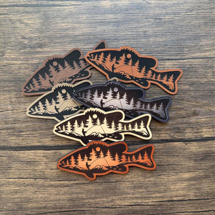 Fishing Scene Patch, Fish Shape Leather Patch, Outdoorsman Patch for Hats Bags Jackets, Nature Fishing Gift - Patch Palooza